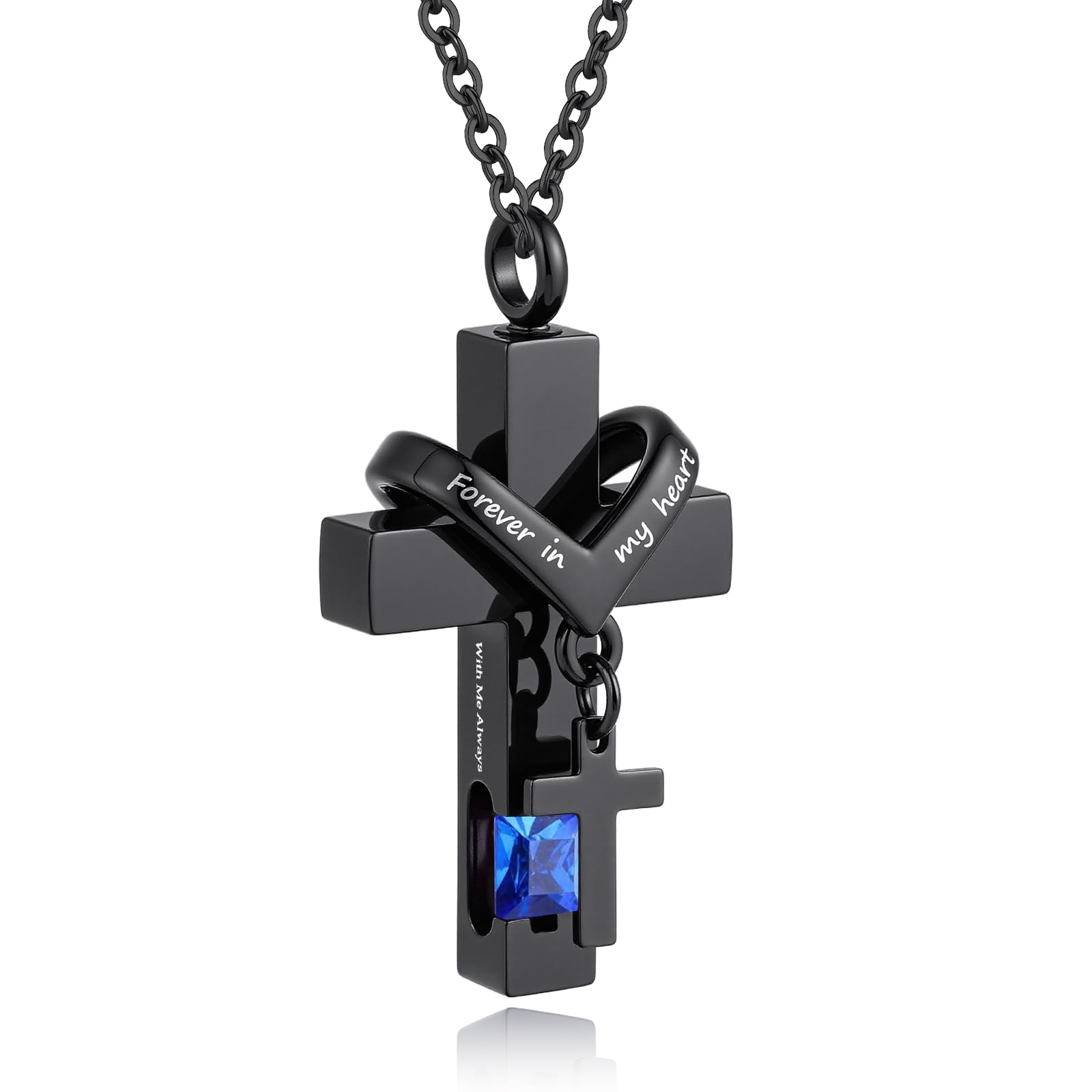 

[InfuMemo] Cross-Shaped Urn Necklace for Loved One s Ashes with Birthstone - Forever in My Heart - Always with Me Cremation Jewelry Keepsake Pendant