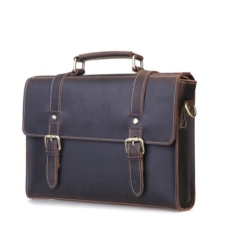 Genuine Crazy Horse Leather Men's Briefcase and Crossbody Bag