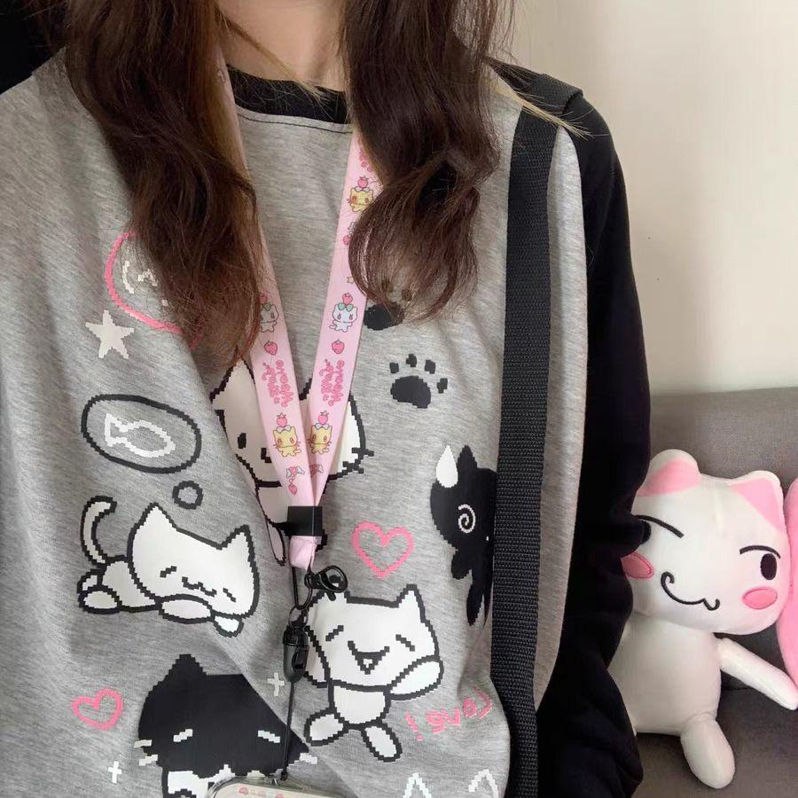 Kawaii Cat Print T-shirts for Women Anime Cartoon Graphic Raglan Sleeve Tops Gothic Japan Style Autumn Cutecore Clothes