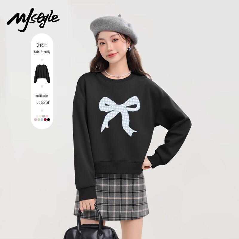 

MJ STYLE Women s Bow Print Round Neck Short Sweatshirt S