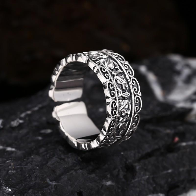 Adjustable Open Ring Men Women Vintage Floral Scroll Motif Plated Hollow Design Boho Retro Statement Jewelry