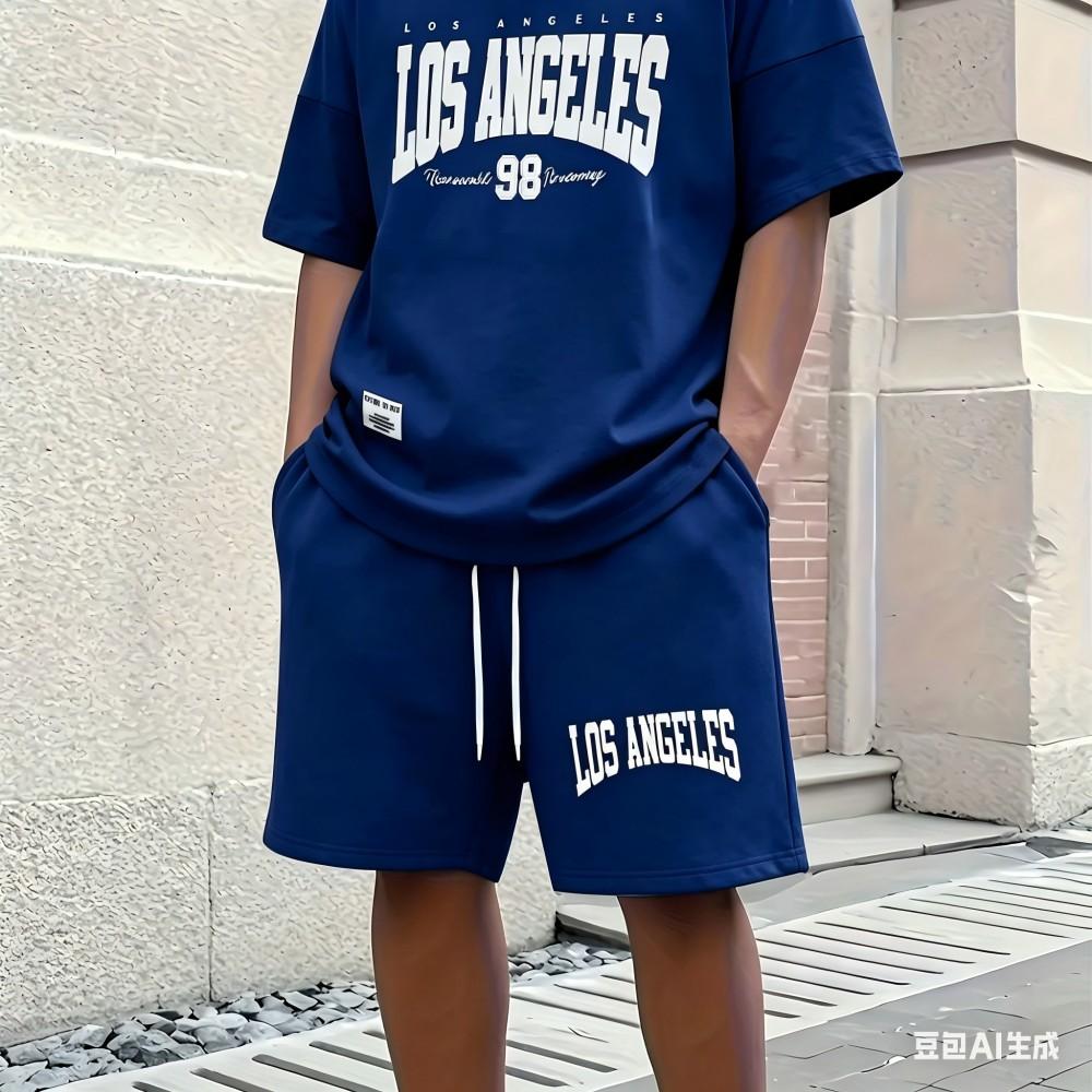 Men's Summer Retro Letter Printed Comfortable Breathable Round Neck T-shirt Drawstring Shorts Set Outdoor Casual Clothing
