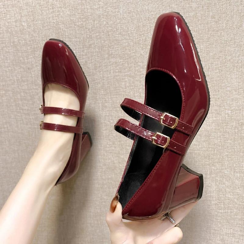 Elegant Women's Chunky Heels Mary Jane Shoes Patent Leather High Heels Party Shoes Square Toe Double Ankle Strap Pumps for Women