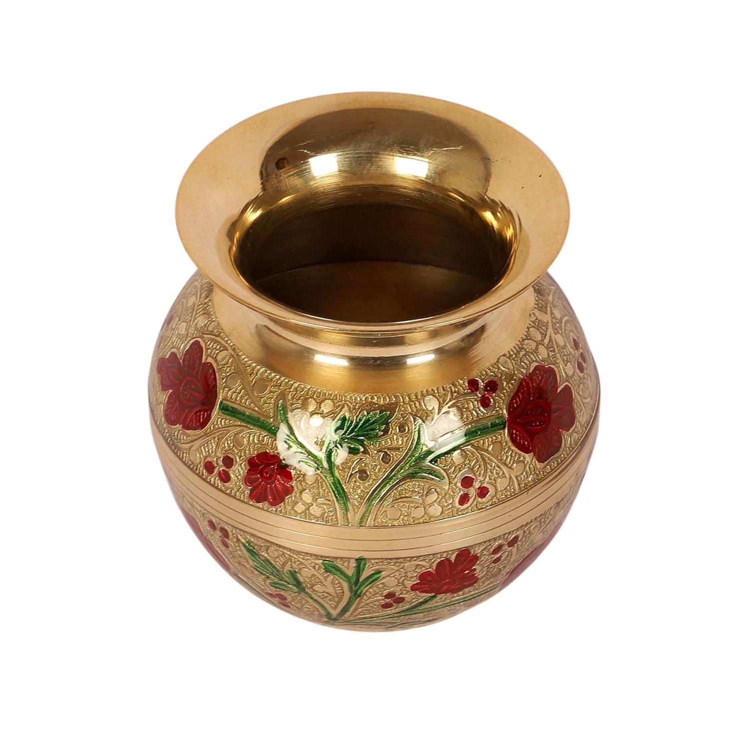 Two Moustaches 4 Inches Flowers Design Brass Pooja Kalash,
