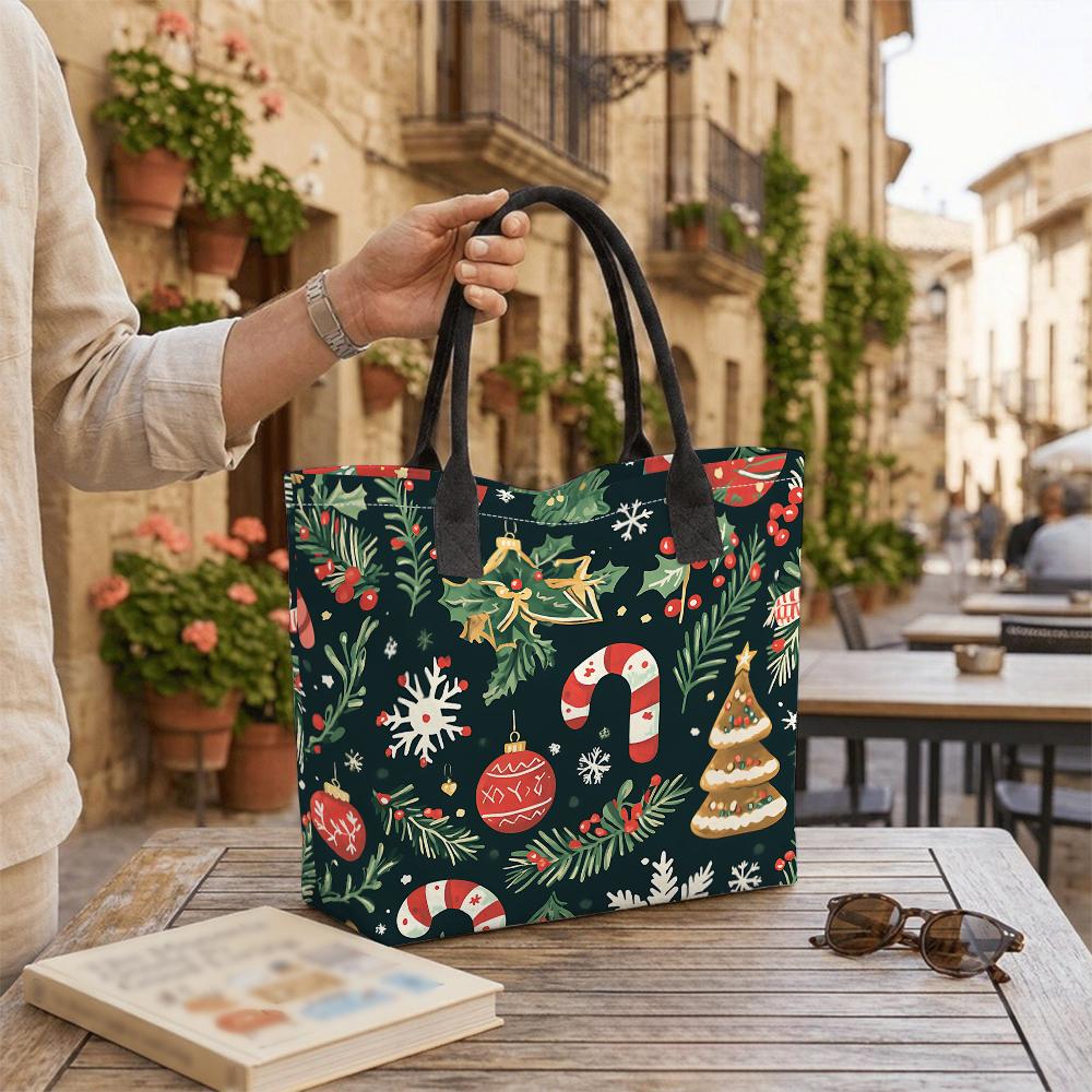 Christmas Printed Canvas Tote Bag Large Capacity Casual Holiday Handbag for Shopping Daily Use