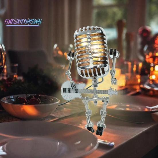 Microphone Robot Lamp Hold A Guitar Soft Lighting Plastic Handicraft Ornament Energy-saving Retro Robot Figurine LED Table Light Home Decoration