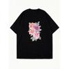 Black Oversized T Shirt With Floral Rose Print For Casual Wear
