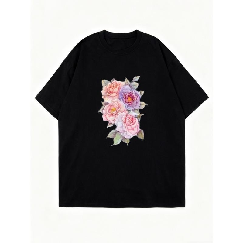 Black Oversized T Shirt With Floral Rose Print For Casual Wear