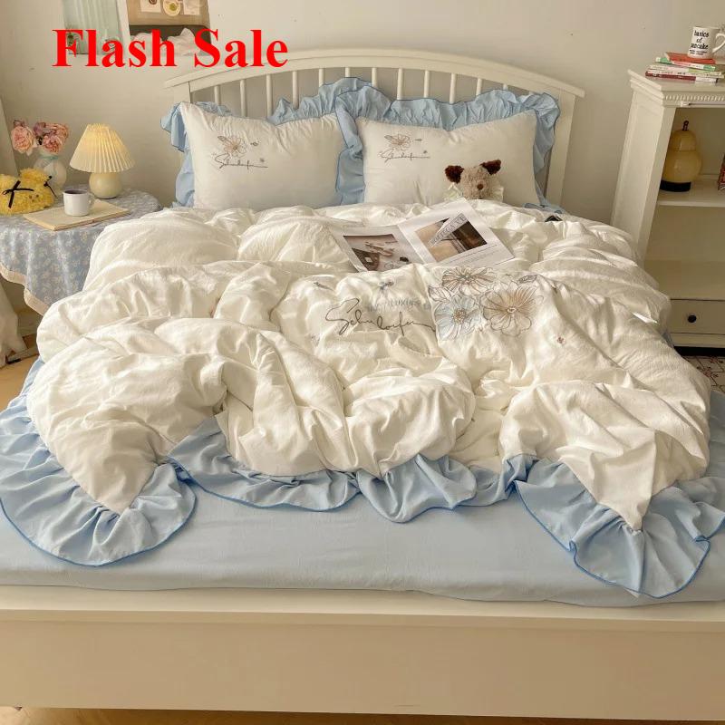 new lace embroidery small fresh and cute girl heart bed four-piece set washed cotton summer sheet quilt cover bed hat