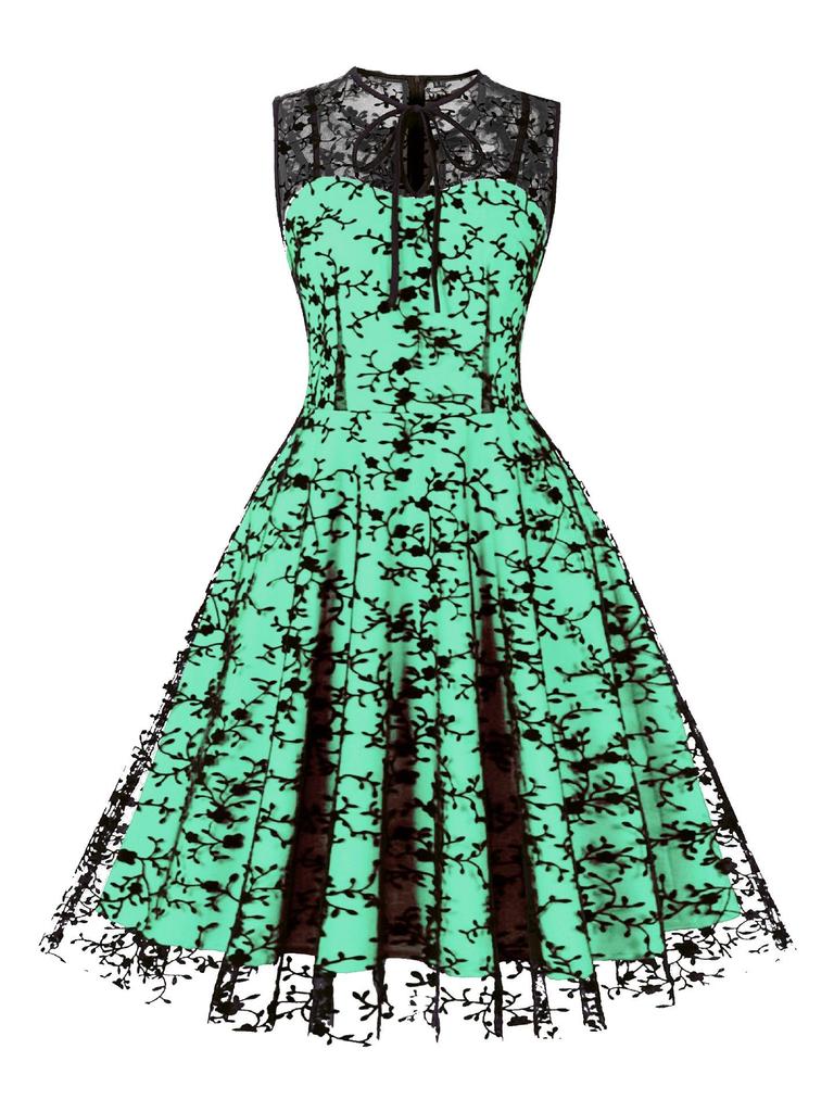 Women's Christmas Mesh Embroidered Midi Dress with Waist-Cinching and Sleeveless Design