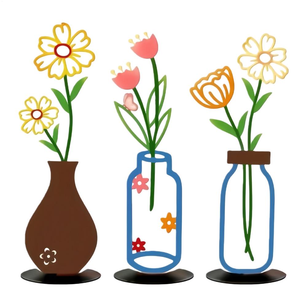 3 Pieces Line Vase Set Black Floral Iron Decorations Modern Aesthetic Metal Art Statue Wall Art Table Vase Home Decor