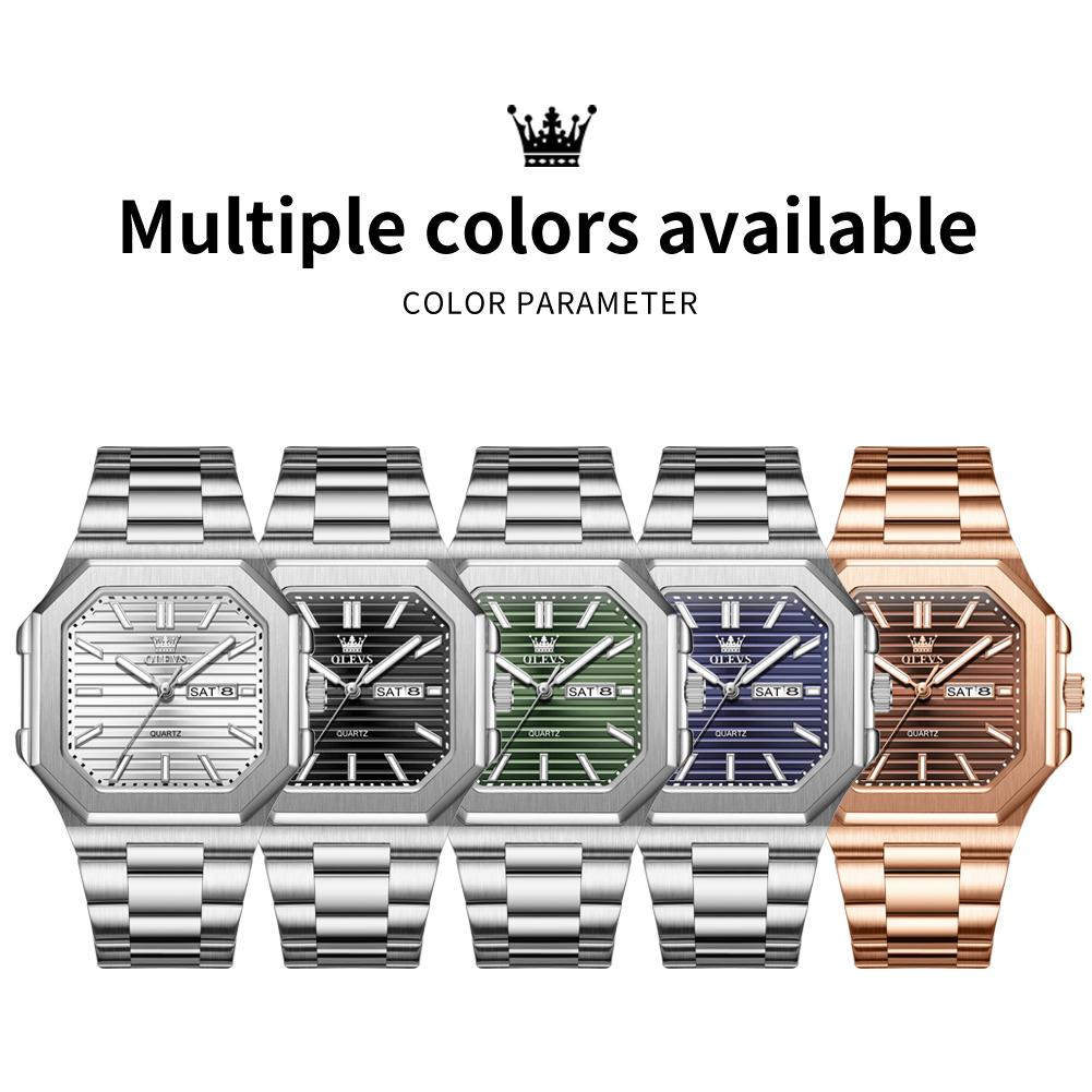 OLEVS 3731 Quartz Wristwatch for Men Stainless Steel Square Dial Fashion Simple Dual Calendar Luminous Waterproof Men's Watches