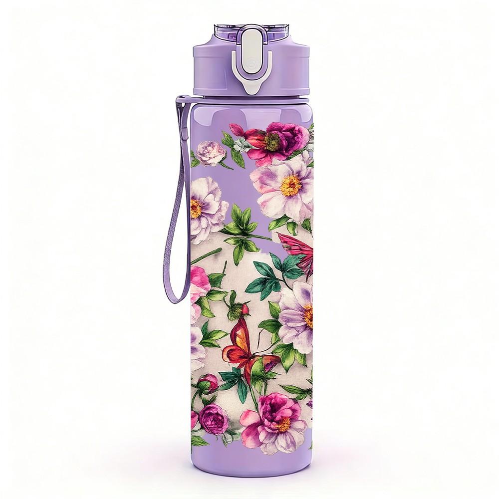 1PC Mixed Pink Peony Flower Bouquet Print 750ml Color Plastic Sports Water Bottle Leakproof Flip Straw Lid Suitable for Sports Office Home Use