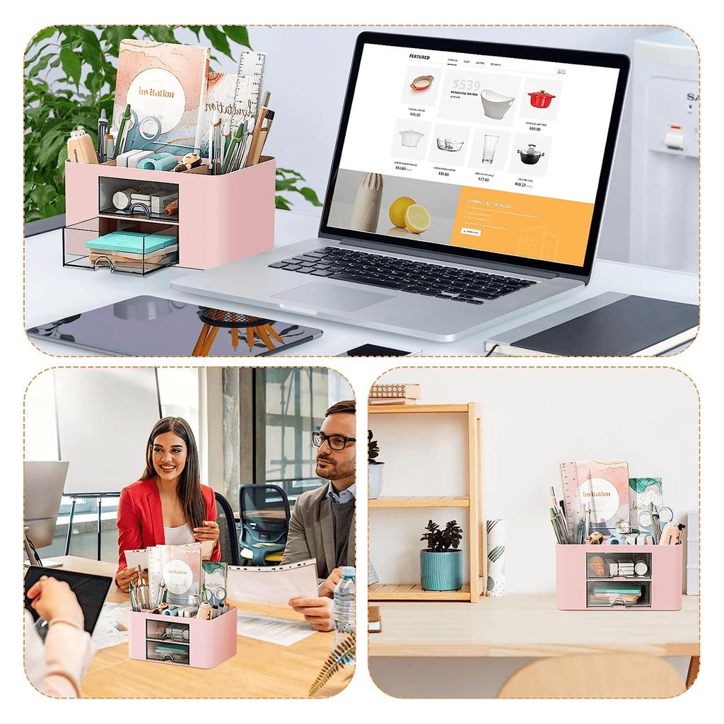 Multifunctional Desk Organizer Pen Holder Efficient Space Saving 7 Compartments Plastic Office Organizer with Drawer Table Organizer