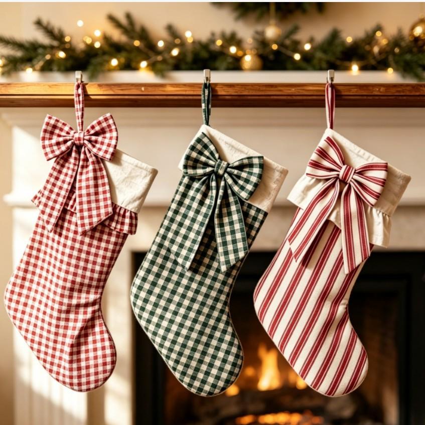A sock, Vintage bow Christmas socks fabric plaid striped Christmas gift bag fireplace Christmas decoration socks