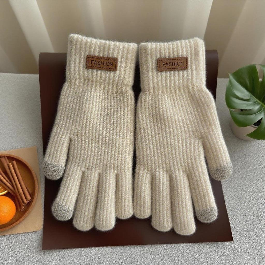 Damen Winter Fleece Touchscreen Fahrradhandschuhe, Verdicktes Niedliches Strickmuster, Kälteabweisend, Fünf-Finger-Design.