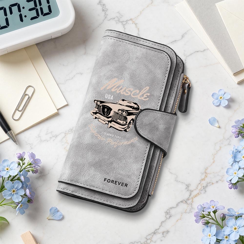 Vintage Car Print Long Wallet Multi Slot Card Holder Fashion Leather Purse for Daily Use