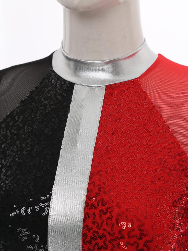 Women‘s 1960s Glitter Sequin Dress Long Sleeve Hollow Out Color Block Mini Sparkle Party Costume for Swinging Night Out