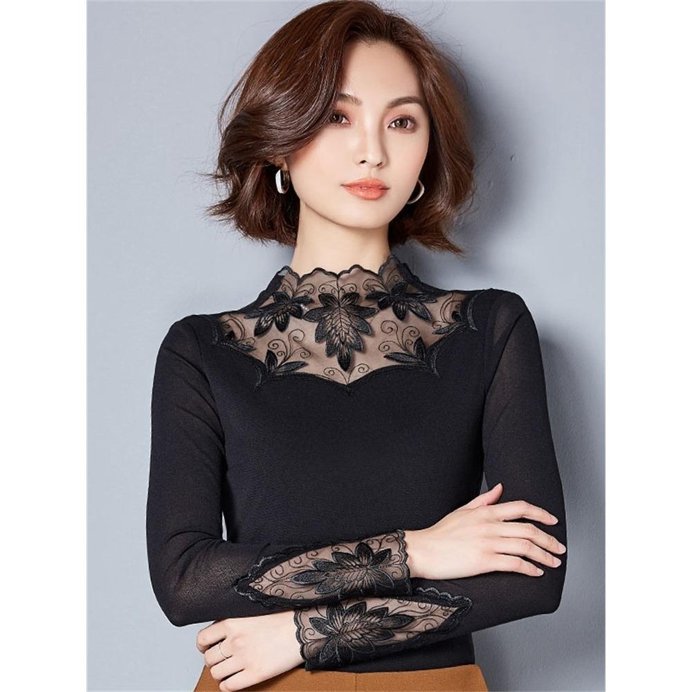 Hollow Out kobiety styl wiosenny i jesienny koronkowe bluzki koszule Casual z długim rękawem Patchwork łączone golfem Blusas topy