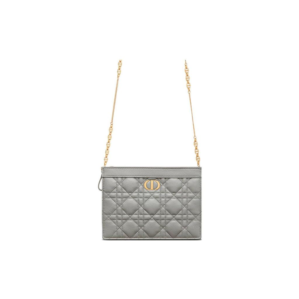 Dior Caro Checkered Pattern With Metal Chain Soft Cowhide Clutch Shoulder Crossbody Bag Women Bags Gray S5106UWHC-M41G