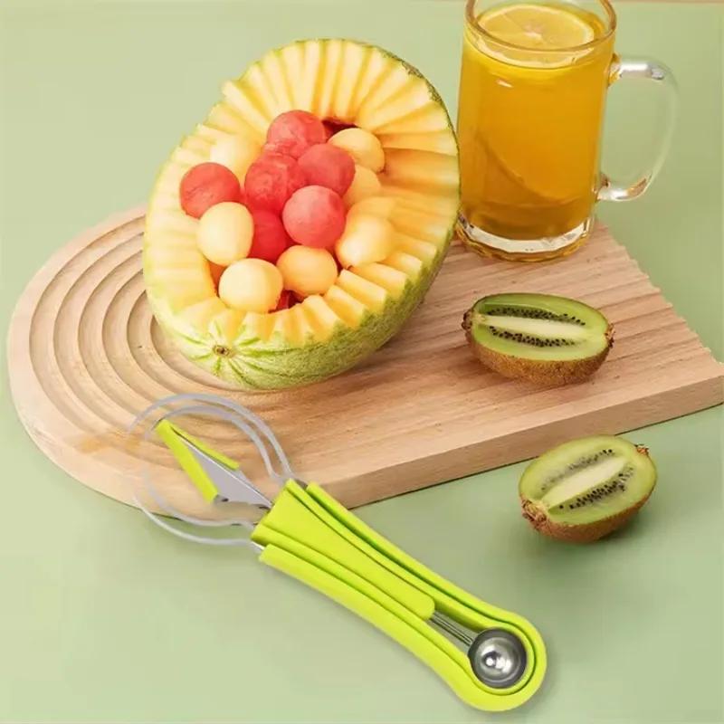 Multifunktionales Melonenkugelausstecher- und Schnitzmesserset Edelstahl Fruchtspatel Wassermelonen- und Cantaloupe-Schneider Küchenwerkzeuge