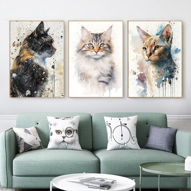 Retro Elegant Cute Watercolor Siamese English Short Cat Art Poster Oil Canvas Printed Mural Living Room Bedroom Home Decoration