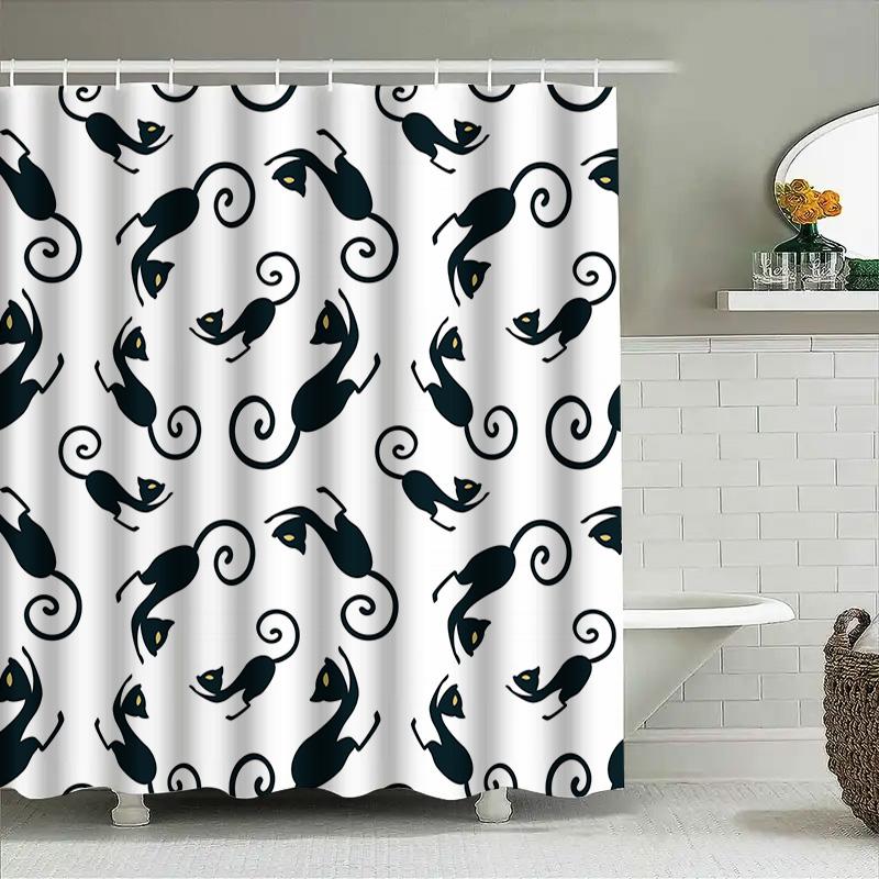 Black Cat Print Shower Curtain With White Background Bathroom Decor