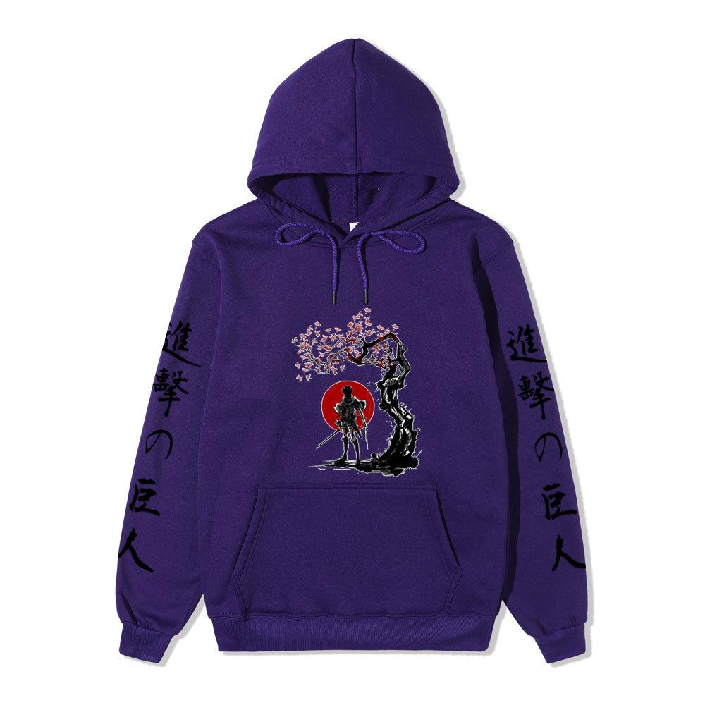 Attack On Titan Samurai Sakura Sun Design Unisex Fleece Hoodie Vertical Japanese Kanji Sleeve Anime Long Sleeve Pullover Sweatshirt