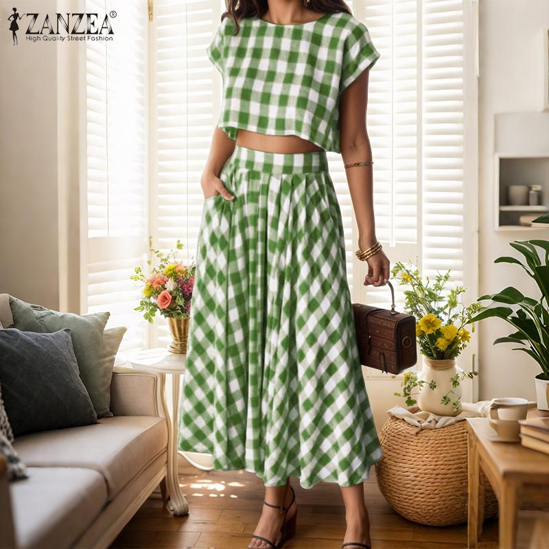 ZANZEA Women Short Sleeve Blouse and Long Skirts Plaid Print Two Piece Sets