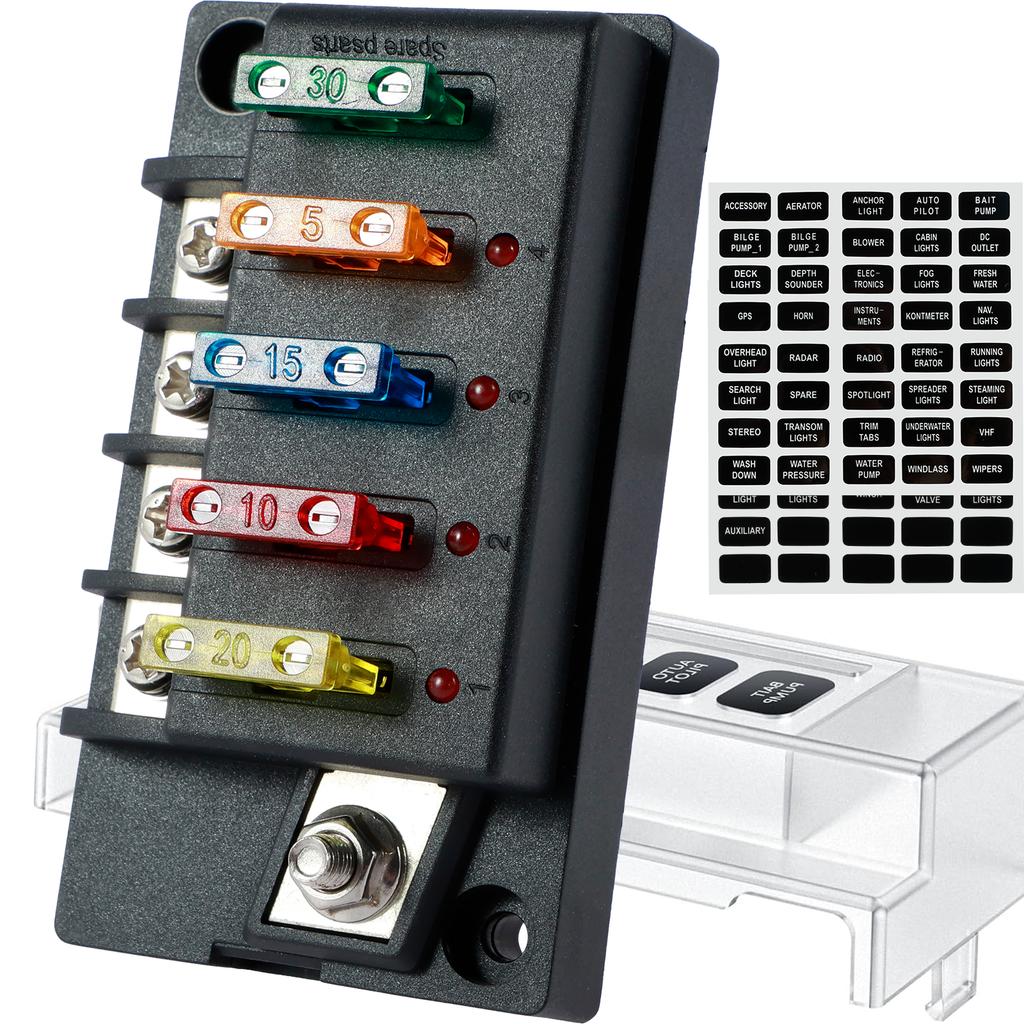 4/6 Way Fuse Block 12V Blade Fuse Box Holder with LED Indicator Waterproof Cover Safe Compact Circuit Fuse Box Dust-Proof Car