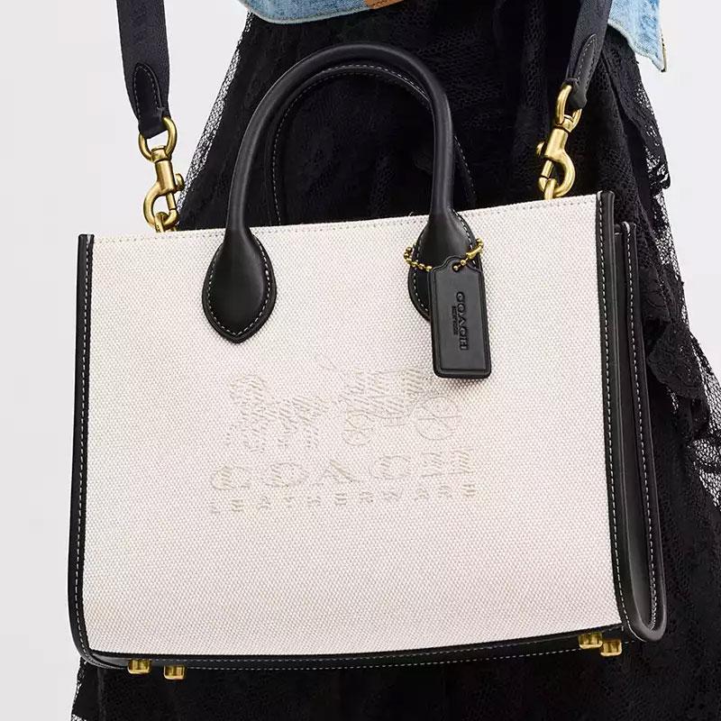 Coach Mini Tote Handbag In White & Black Leather For Women Daily Use