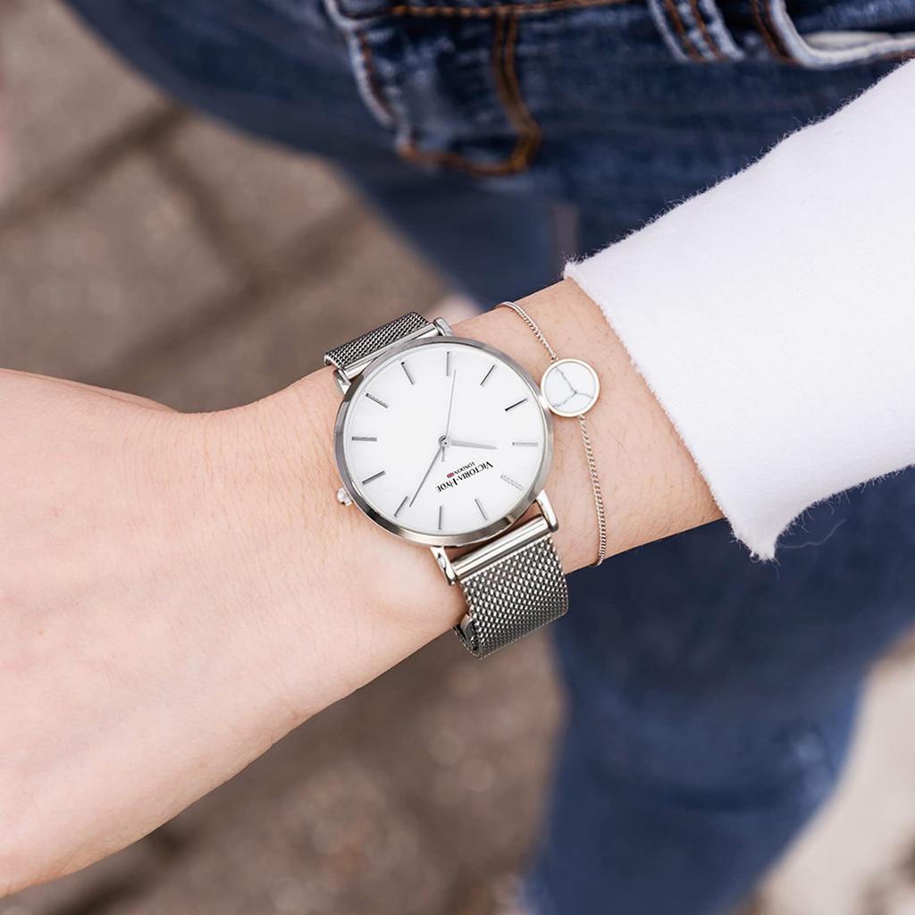 VICTORIA HYDE Uhrenarmband-Set, einfache Quarzuhr, wasserdicht, Edelstahl-Mesh-Band, abnehmbar, modische Uhr, Geschenk für Damen (Grau)