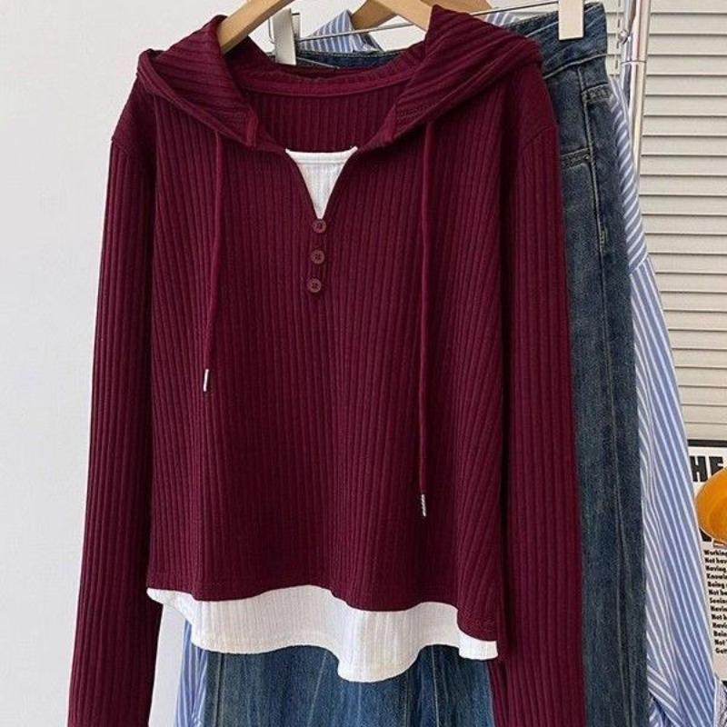 Women S Plus Size Hooded Long Sleeve Fake Two Piece T Shirt Loose Casual Top