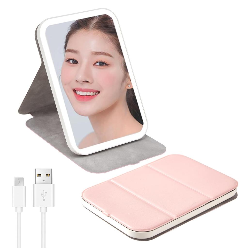 LunarCorky Compact Makeup Mirror with Adjustable PU Leather Tabletop LED Light 3 Stepless Adjustable Includes Japanese Instructions Pink Light,