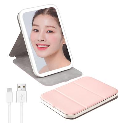 LunarCorky Compact Makeup Mirror with Adjustable PU Leather Tabletop LED Light 3 Stepless Adjustable Includes Japanese Instructions Pink Light,