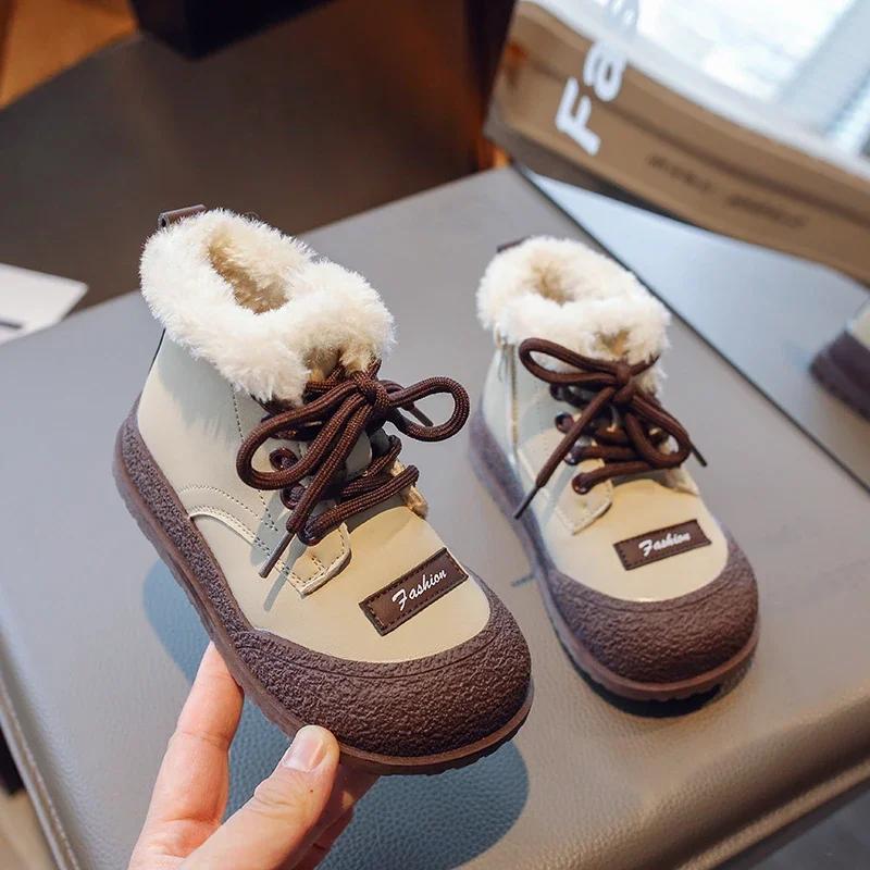 

Детские зимние ботинки, новые бархатные утолщенные хлопковые ботинки для мальчиков и девочек, высокие нескользящие детские милые водонепроницаемые хлопковые ботинки 23