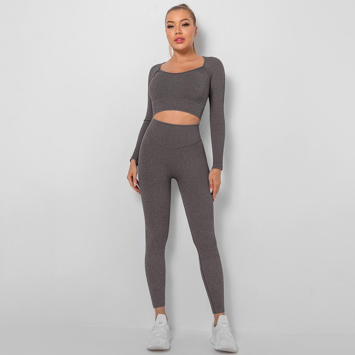 

Женский бесшовный костюм для йоги, впитывающий пот персикового цвета, с высокой талией, обтягивающие спортивные брюки для фитнеса с длинными рукавами, комплект L темный кофе