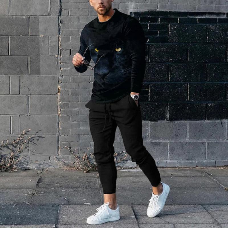 Men's Long-sleeved Set 3D Printed Lion Animal Pattern Fashion Casual Street Wear Crewneck Sweatshirt And Trousers Jogging Suit