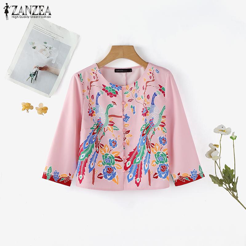 ZANZEA Women Casual Round Neck Summer 3/4 Sleeve Print Blouse