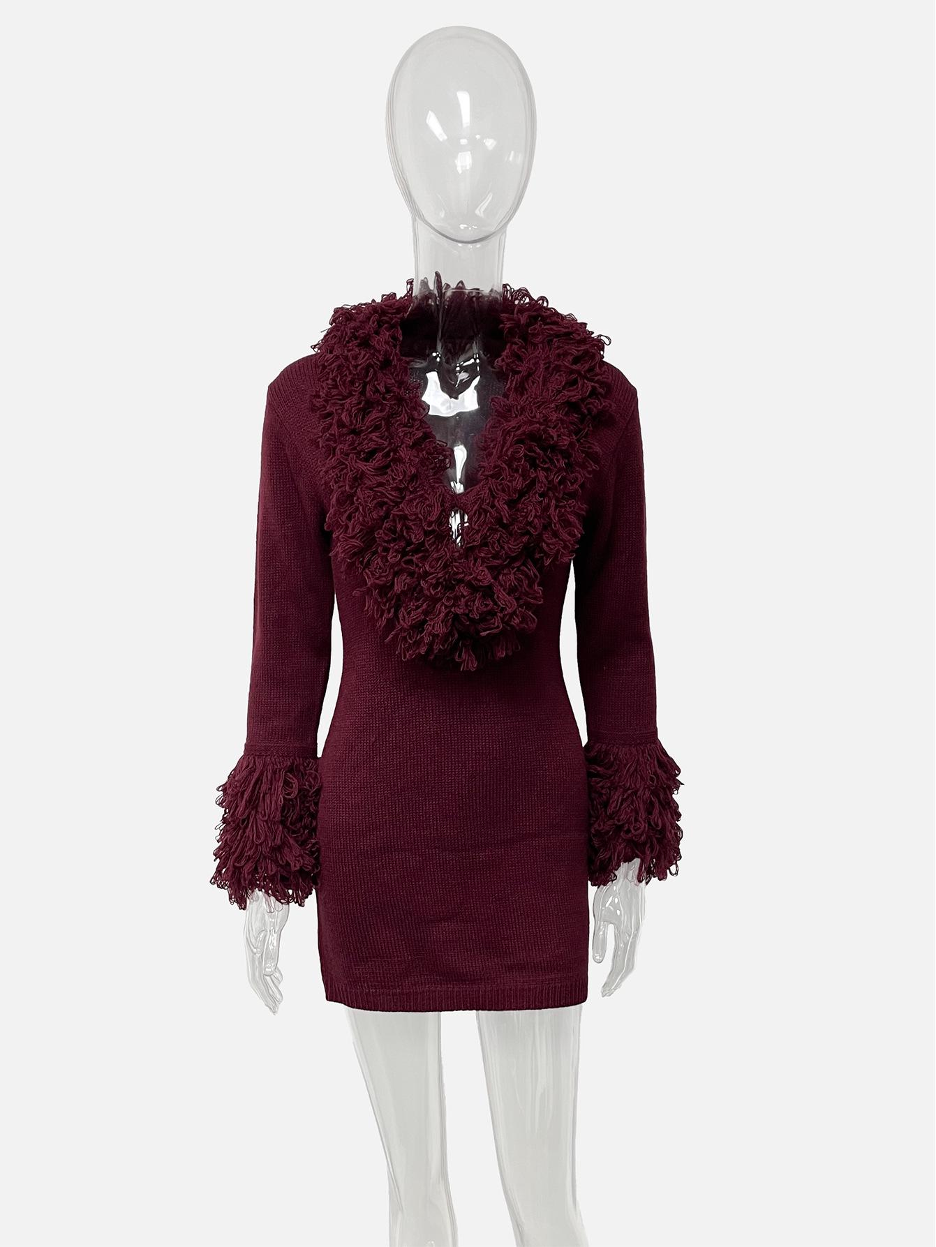 

2025 Autumn Women s Tassel V-Neck Solid Color Long Sleeve Knit Mini Dress - European Style Medium вино красного