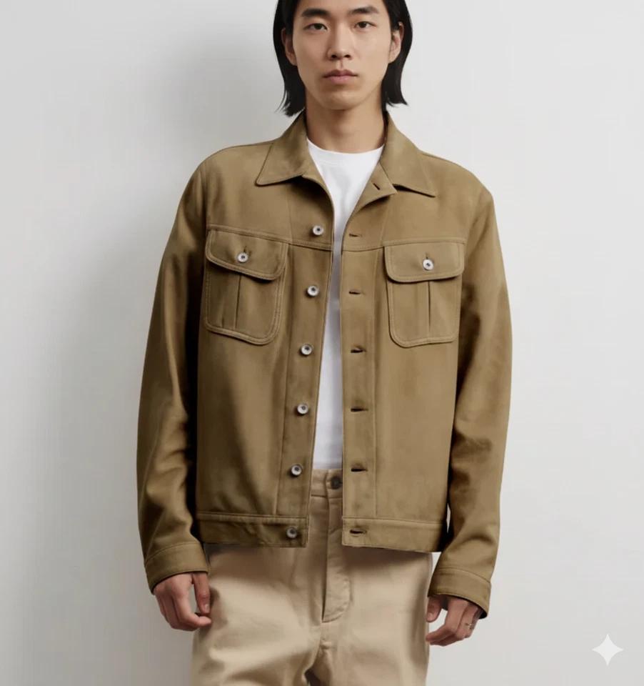 Мужская стильная повседневная куртка-тракер из замши, ручной работы, из натуральной овечьей кожи, цвета загара S