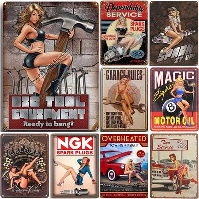Pinup Girls Garage Metal Tin Signs Wall Art Posters Plaque Sign Vintage Iron Painting Decoration for Home Cafe Garage Club Ba