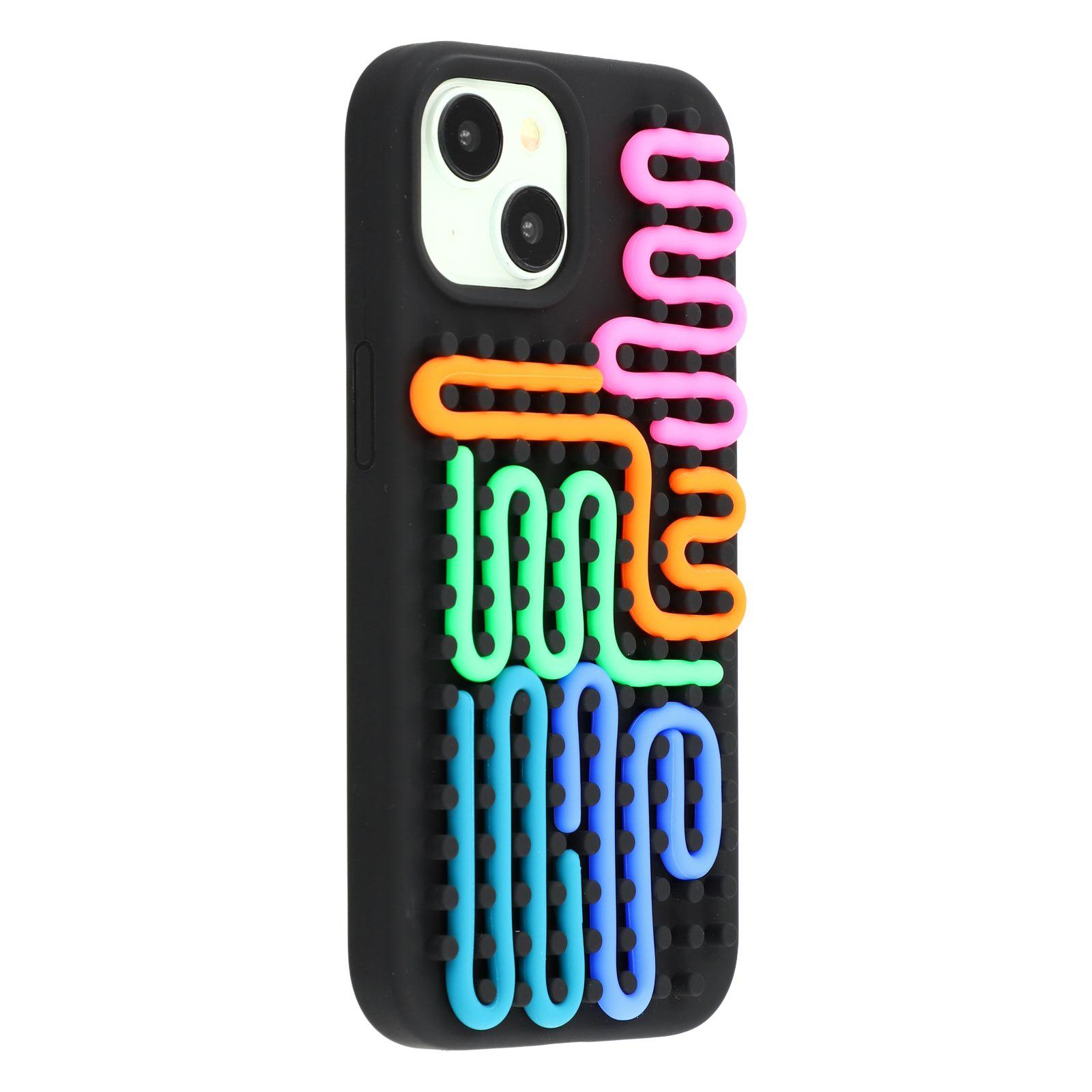 

For iPhone 15 Case 3D Stress Relief DIY Colorful Bar Silicone+PC Phone Cover Dots Design Black