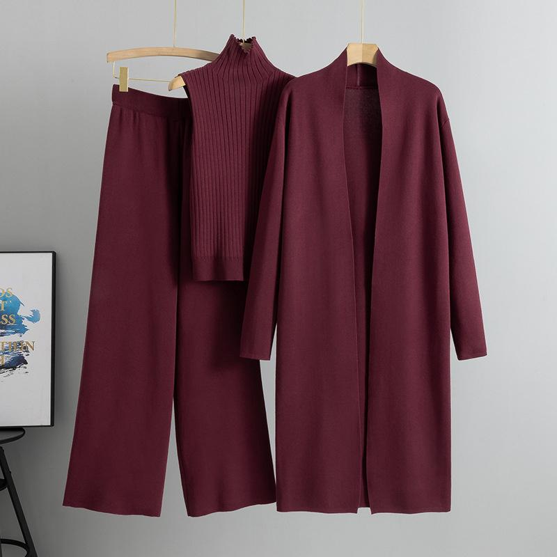 Autumn And Winter Lazy Temperament Knitted Suit Sleeveless Vest Sweater Cardigan Pants Three Piece Set