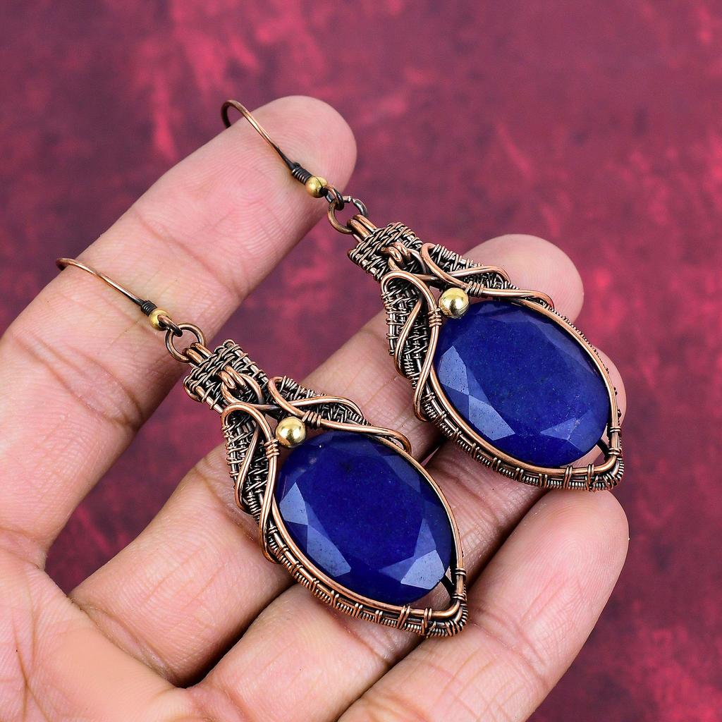 Faceted Blue Sapphire Gemstone Earring Copper Wire Wrapped Earring Handmade Drop Earrings Wire Wrap Jewelry Anniversary Gifts Copper Jewelry
