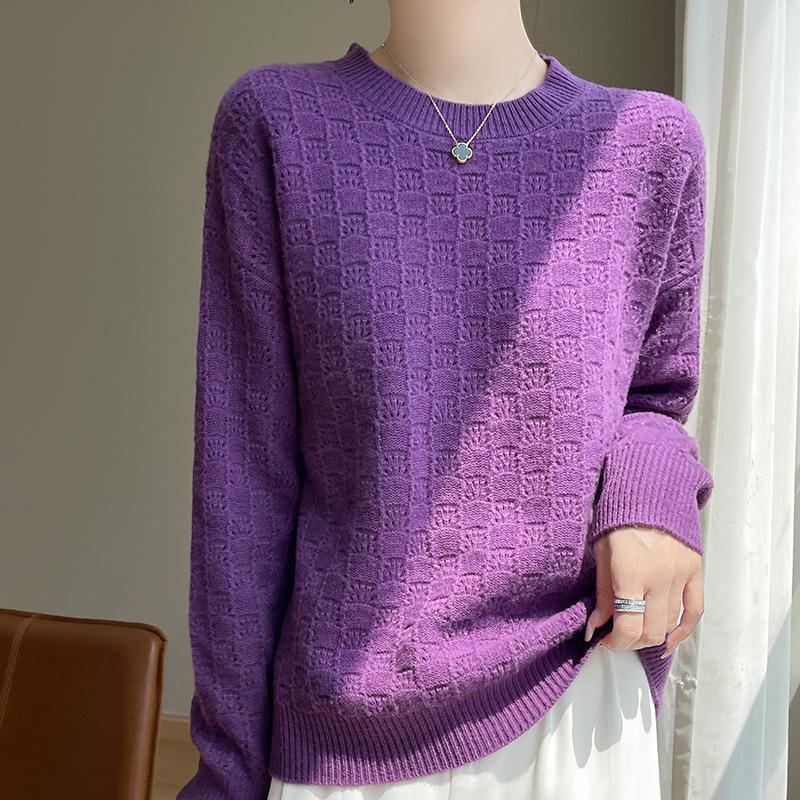 Autumn And Winter New Round Neck Hollow Wool Knitted Sweater Women'S Loose And Thin Long-Sleeved Versatile Jacquard Sweater Large Size
