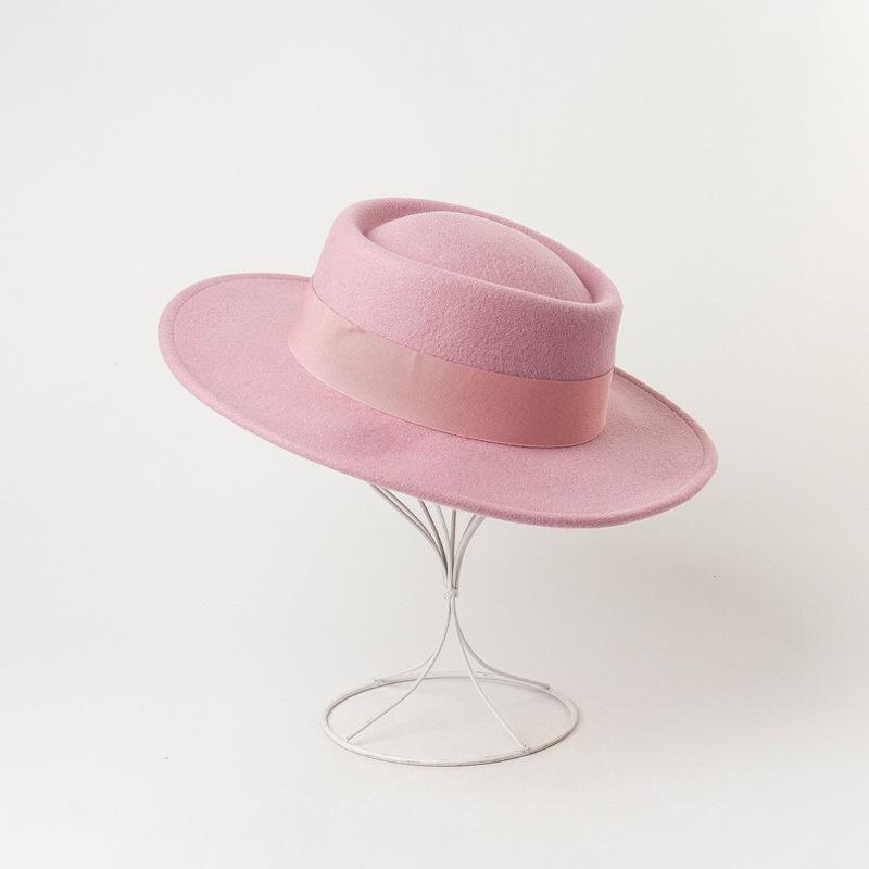 Neuer ringförmiger flacher Wollfilz-Zylinderhut mit breiter Krempe, Damenmode Frühling, Herbst und Winter flacher Wollzylinderhut