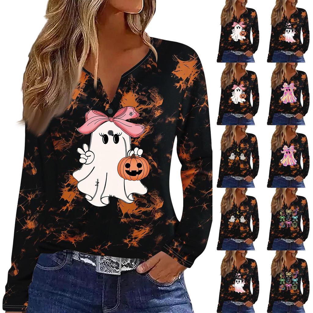 Women's Casual Halloween Print V-Neck Long Sleeve T-Shirt with Decorative Buttons