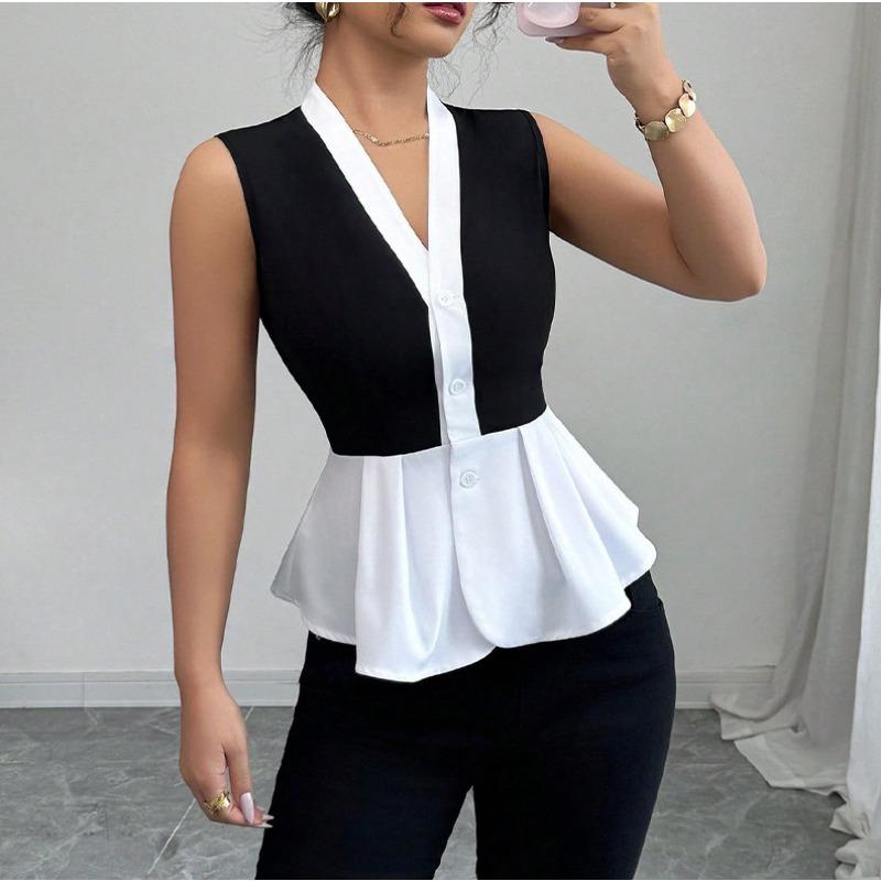 women s Color Block V Neck Sleeveless Peplum Blouse Button Front Fitted Casual Vest Top S