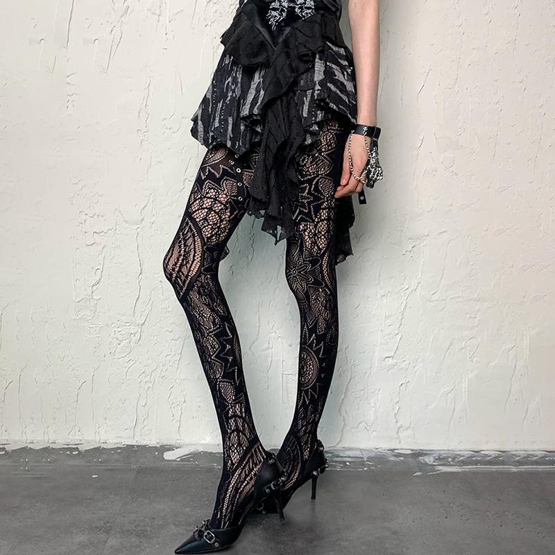 Womens Patterned Y2K Fishnet Tights Women Lace Black Fish Net Stockings High Waist Floral Pantyhose Gothic Witch Party